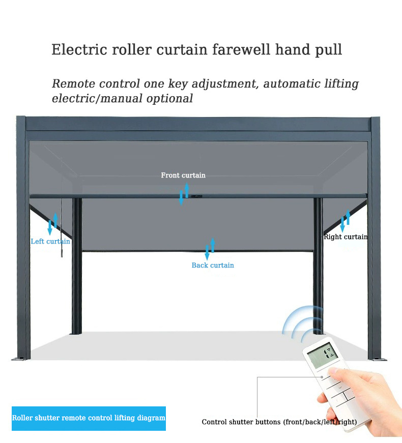 Motorised Outdoor Gazebo Modern Aluminium Louvre Roof Bioclimatic Pergola for Sunshade Waterproof Curtain