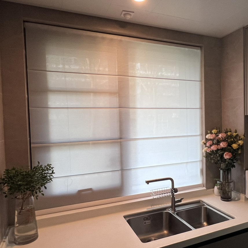 Motorized White Roman Shades Blinds Vertical Pattern Plastic Roller Shades with Rope Format Sheer Curtain Fabric for Windows