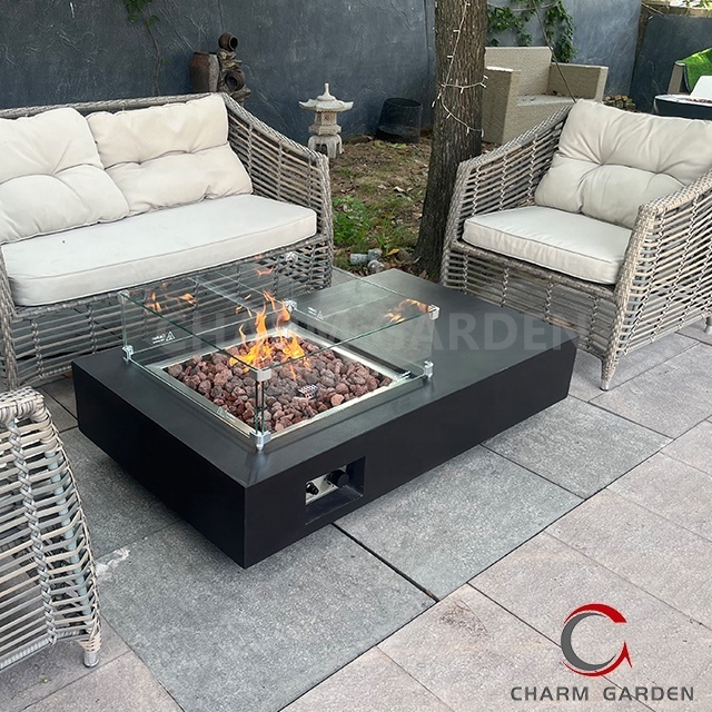 Charm Garden Durable Glass Fiber Reinforce Concrete Fire Table Natural Gas Propane Fire Pits  Outdoor Fireplace Dining Table