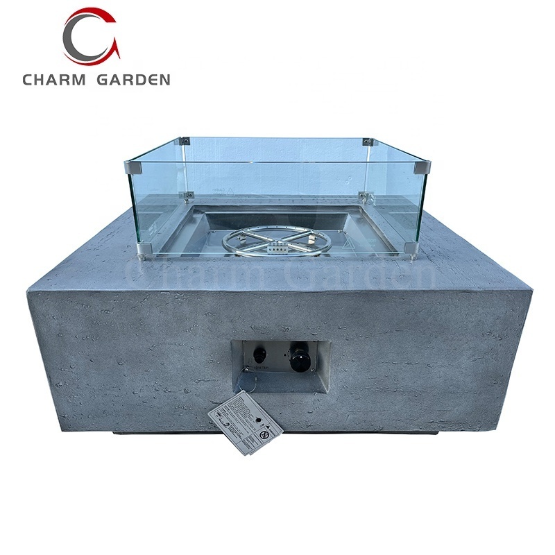 New Design Outdoor Garden Concrete Gas Patio Heater Firepit Tables with Tempered Glass Wind Guard