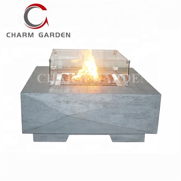 New Design Outdoor Garden Concrete Gas Patio Heater Firepit Tables with Tempered Glass Wind Guard