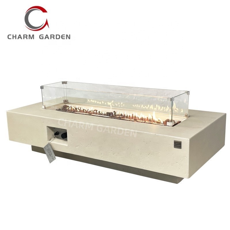 New Design Outdoor Fireplace Rectangle Cement Gas Fire Pit Garden Table with Optional Glass Panel for Backyard Patio