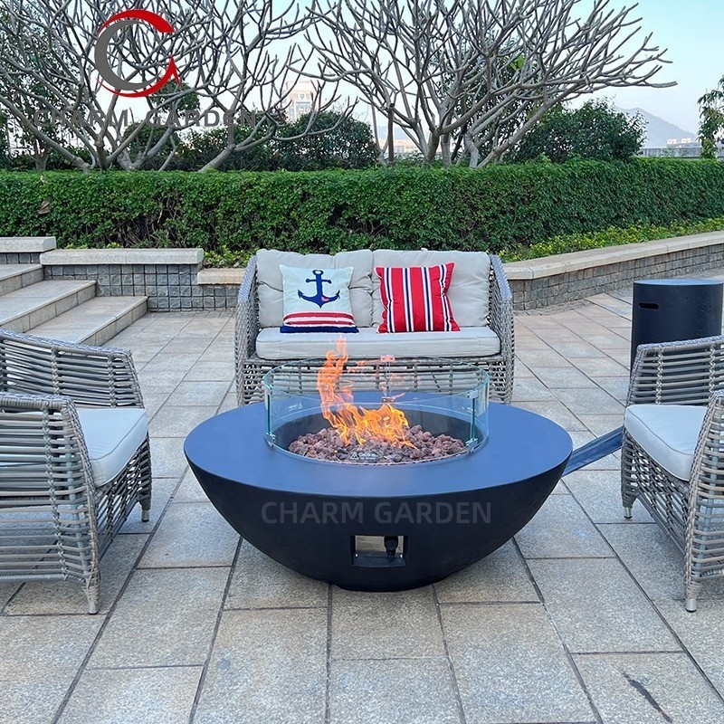 New Design Patio outdoor garden furniture set boulder fire pit tables with tempered glass wind guard