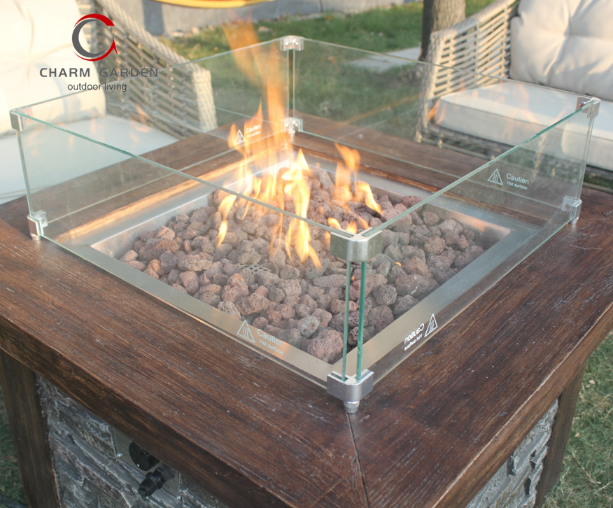 Culture Stone look glass tabletop Outdoor Patio Gas propane Fire Pit table with windshield cover