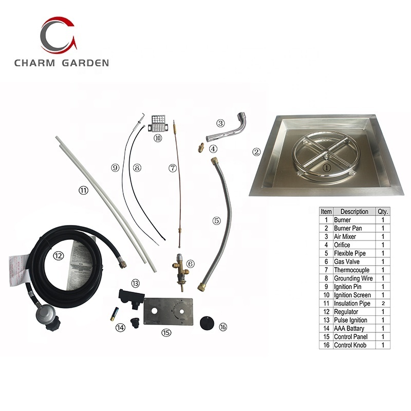 CE Certificate #304 Stainless steel round Ring Square pan fire pit burner system suitable for Natural gas or Liquid Propane