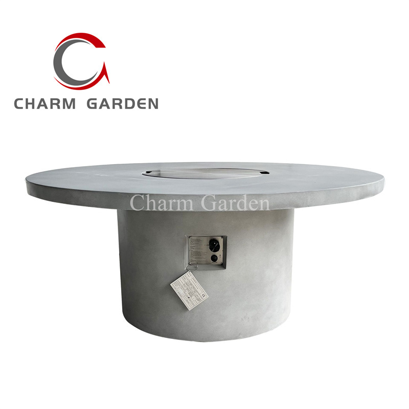 Customized Concrete Grey Big Round Tabletop Firepit Dining Table For outdoor Backyard