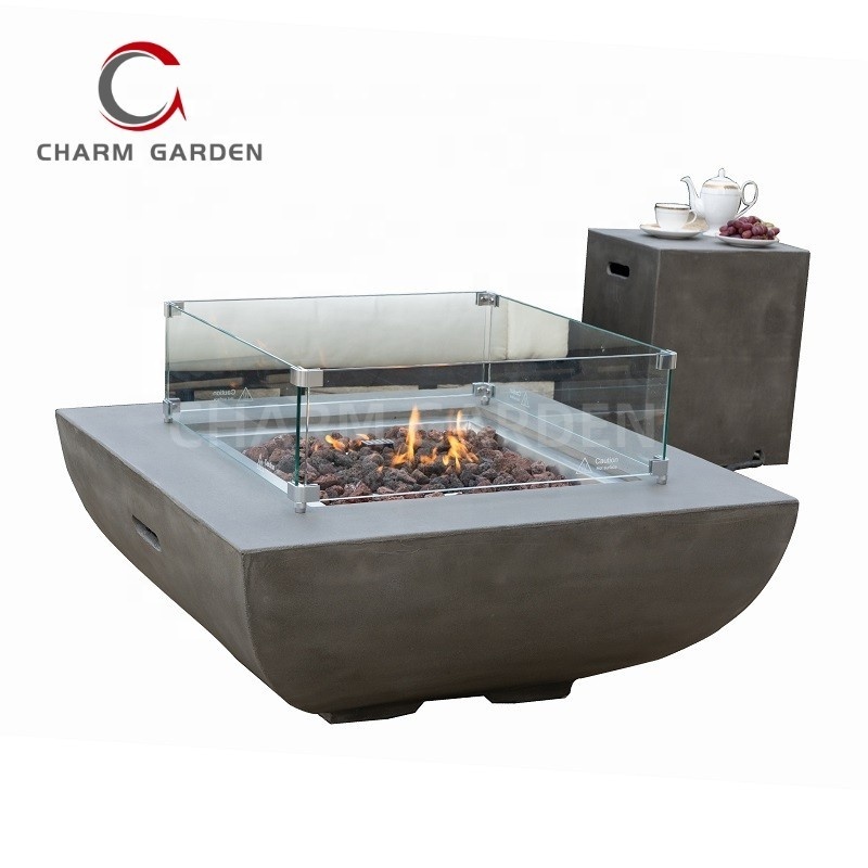 Modern Square Cement Firepit Table Outdoor Propane  Gas Fireplace for Garden Patio Backyard