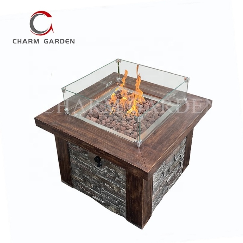 Culture Stone look glass tabletop Outdoor Patio Gas propane Fire Pit table with windshield cover