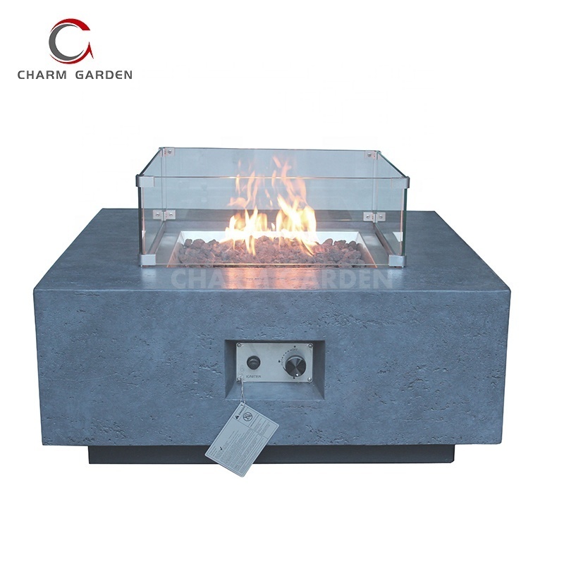 New Design Outdoor Garden Concrete Gas Patio Heater Firepit Tables with Tempered Glass Wind Guard