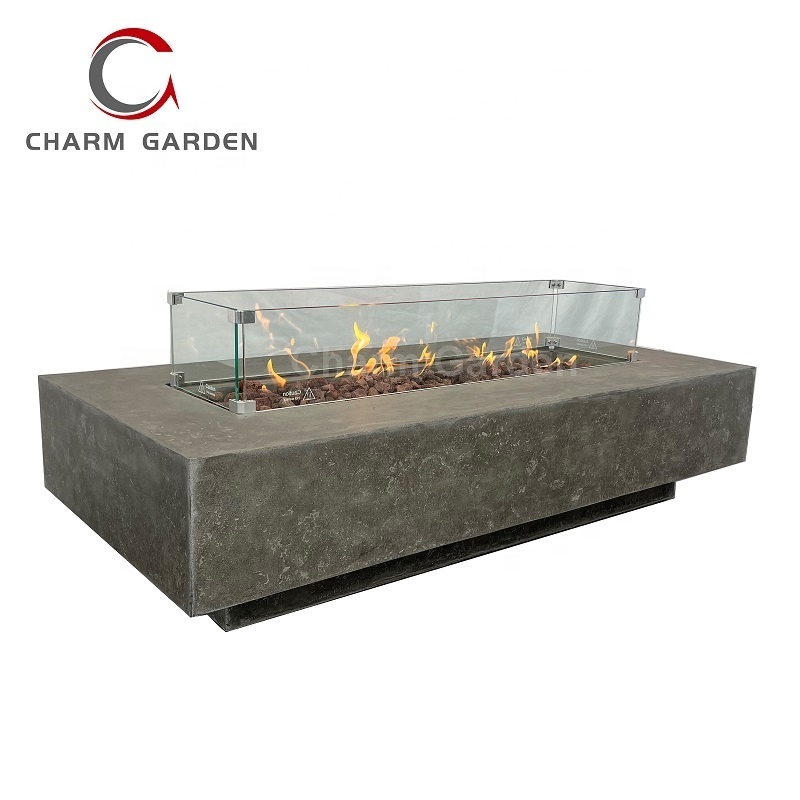 New Design Outdoor Fireplace Rectangle Cement Gas Fire Pit Garden Table with Optional Glass Panel for Backyard Patio