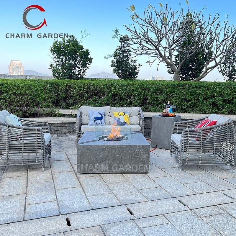 New Design Patio outdoor garden furniture set boulder fire pit tables with tempered glass wind guard