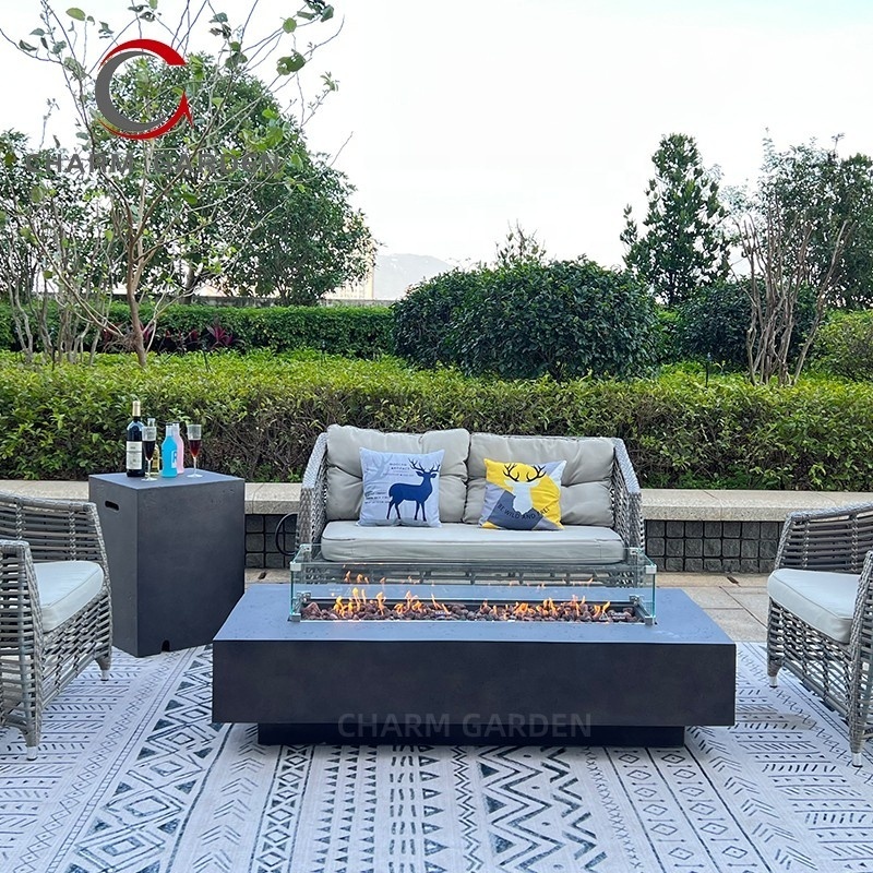 New Design Outdoor Fireplace Rectangle Cement Gas Fire Pit Garden Table with Optional Glass Panel for Backyard Patio