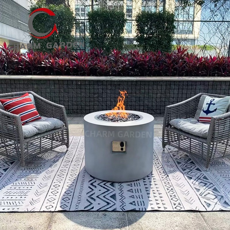 Customized Concrete Grey Big Round Tabletop Firepit Dining Table For outdoor Backyard