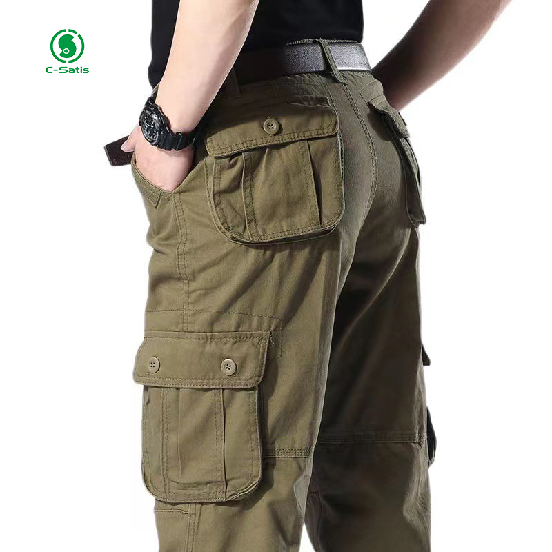 100% Cotton Men's Casual Pants Elastic Waist Plus Size Pants Multi-pocket Baggy Cargo Pants Men