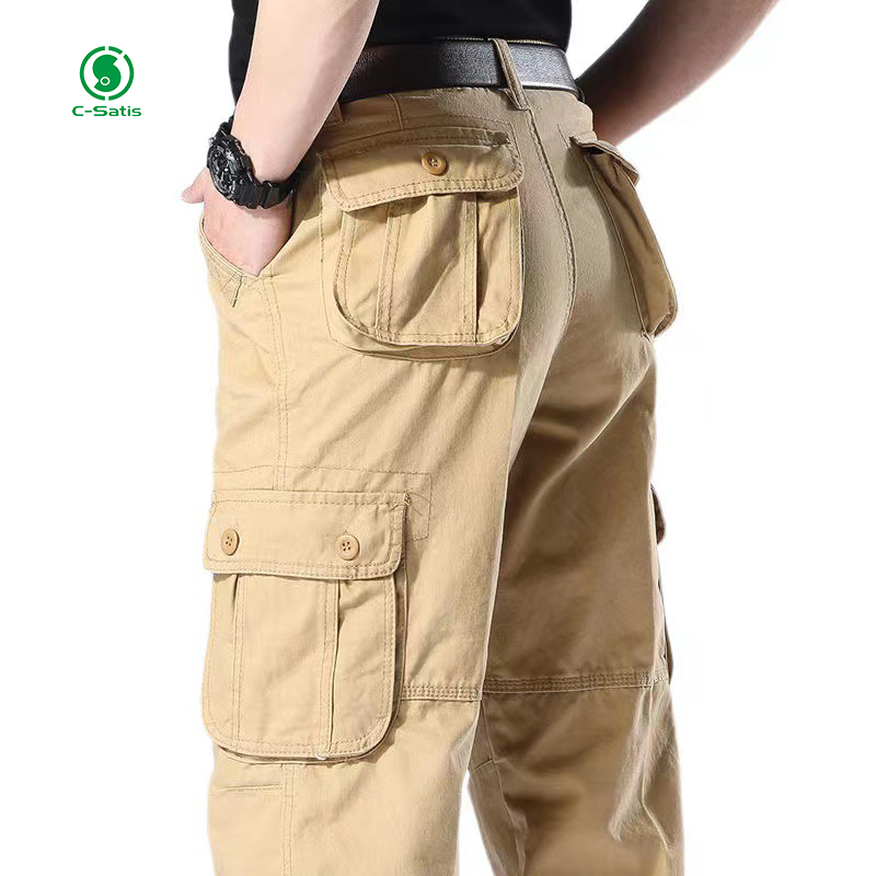 100% Cotton Men's Casual Pants Elastic Waist Plus Size Pants Multi-pocket Baggy Cargo Pants Men