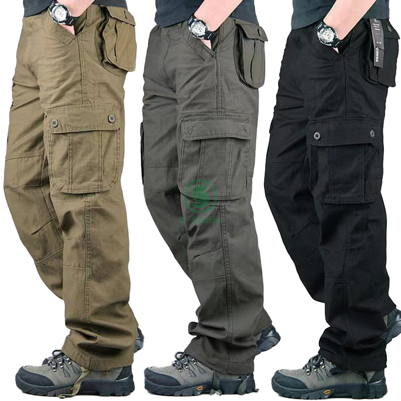 100% Cotton Men's Casual Pants Elastic Waist Plus Size Pants Multi-pocket Baggy Cargo Pants Men