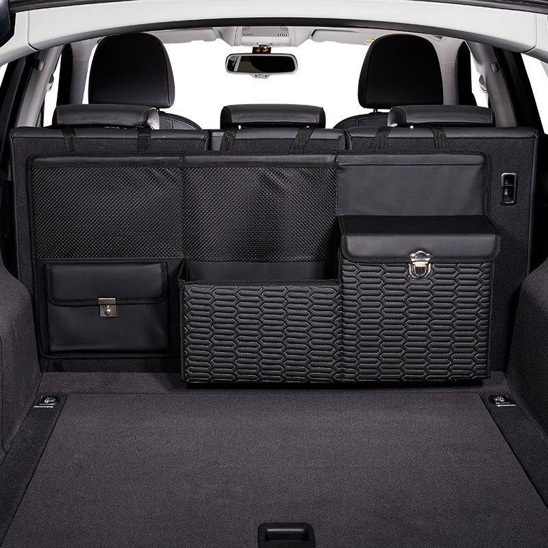 High-end Leather Car Trunk Tool Storage Organizer Black SUV Cargo Box With Multiple Compartments