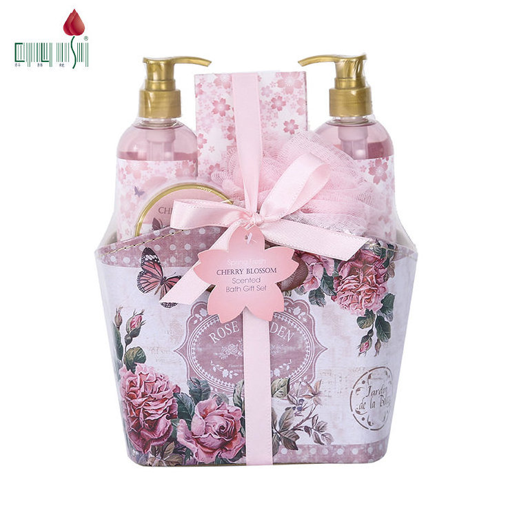 Ultra-hydrating cherry blossom body lotion spa wash 4pcs wooden cabinet bath set