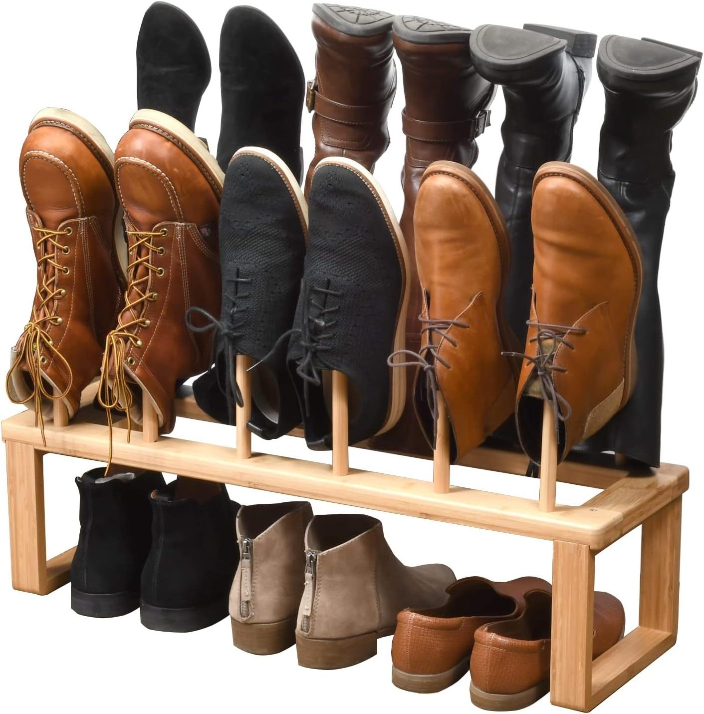 Combohome Bamboo Shoe Organizer Wooden Boots Storage Rack 6-Pair Tall Boots Holder