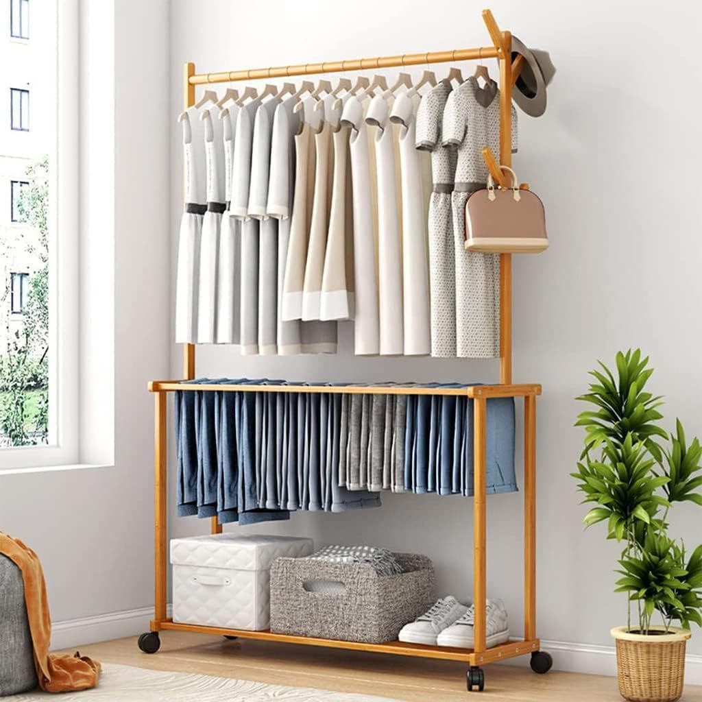 Combohome Clothes Rack Bamboo Hall Tree Coat Stand Rack and Storage Shelf, Versatile Corner Coat Tree