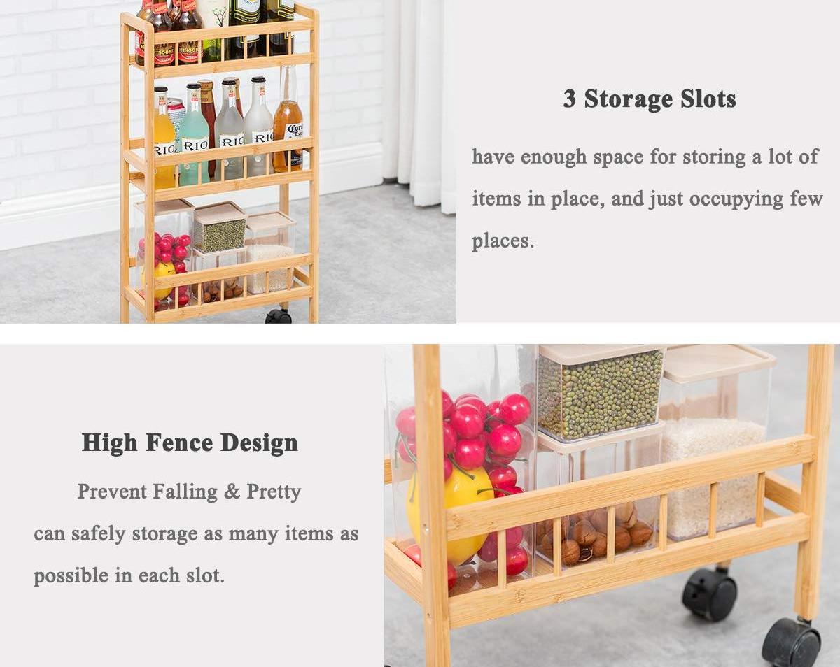 Combohome  3-Tier Natural Bamboo Dining Kitchen Removable Storage Cart, Slim Slide Out Rolling Narrow Cart with Adjustable Shelf