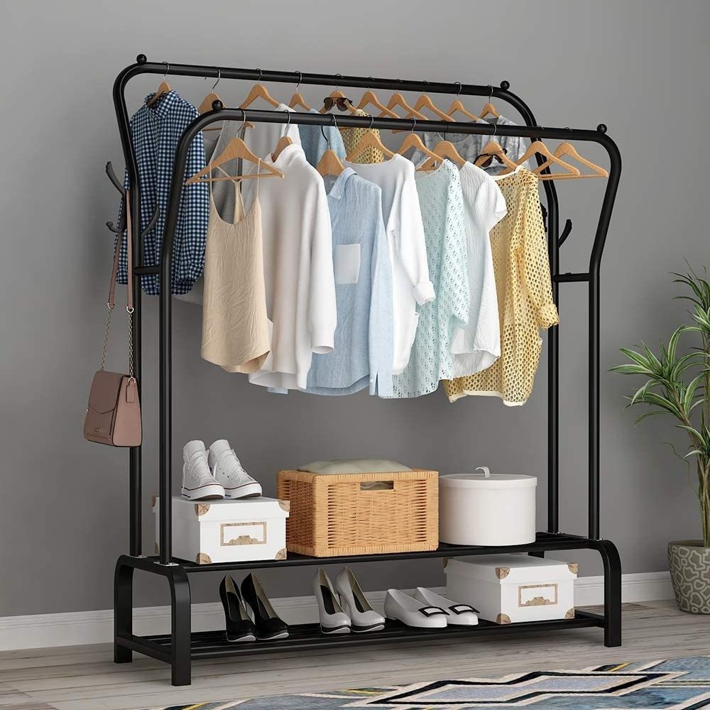 Combohome Garment Rack Freestanding Hanger Double Rods Multi-functional Bedroom Clothing Rack Double layer 4 Hook Black