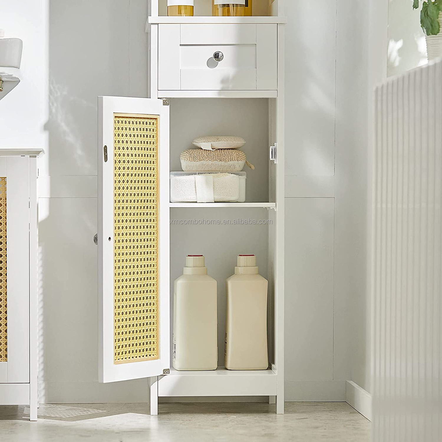 Combohome Wood Bathroom Cabinet with Rattan Door Thin Toilet Storage ...