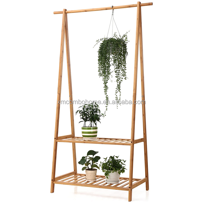 Combohome Natural Clothes Rack Portable Bamboo Space-saving Sturdy Garment Rack 2-Tire Storage Box Coat Rack