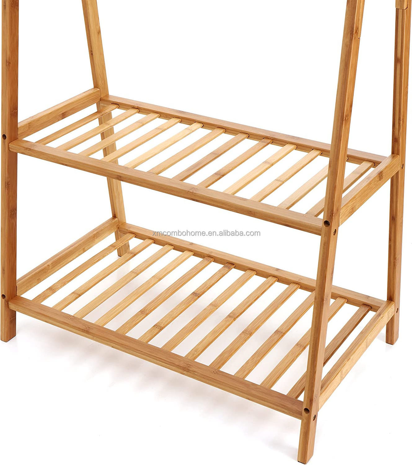 Combohome Natural Clothes Rack Portable Bamboo Space-saving Sturdy Garment Rack 2-Tire Storage Box Coat Rack