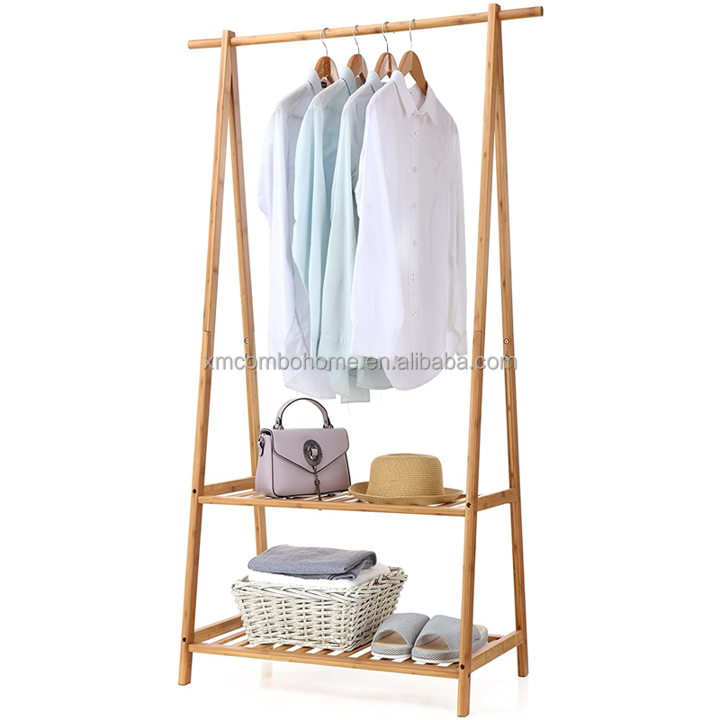 Combohome Natural Clothes Rack Portable Bamboo Space-saving Sturdy Garment Rack 2-Tire Storage Box Coat Rack