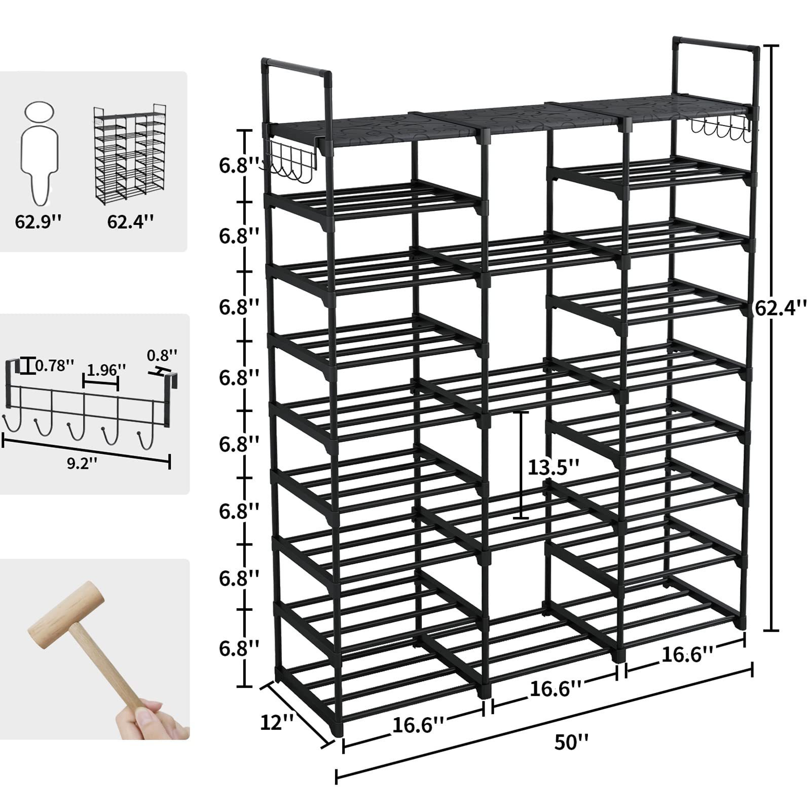 Combohome  Shoe Rack Organizer for Entryway Closet 9 Tiers Large Shoe Storage Shelf for 50-55 Pairs Shoe and Boots, Space Saving