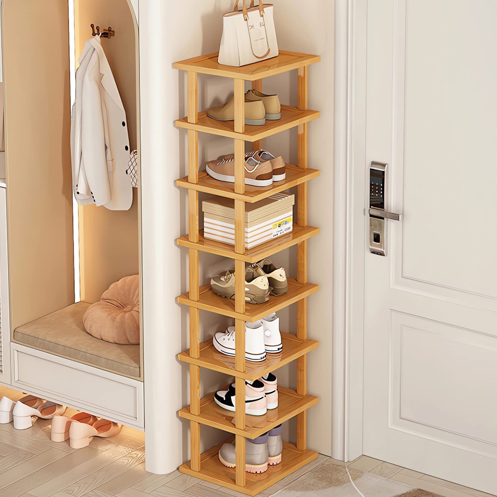 Combohome  8 Tier Vertical Shoe Rack Bamboo Narrow Shoes Organizer Tall Tower Space Saving Corner Shoe Shelf for Entryway