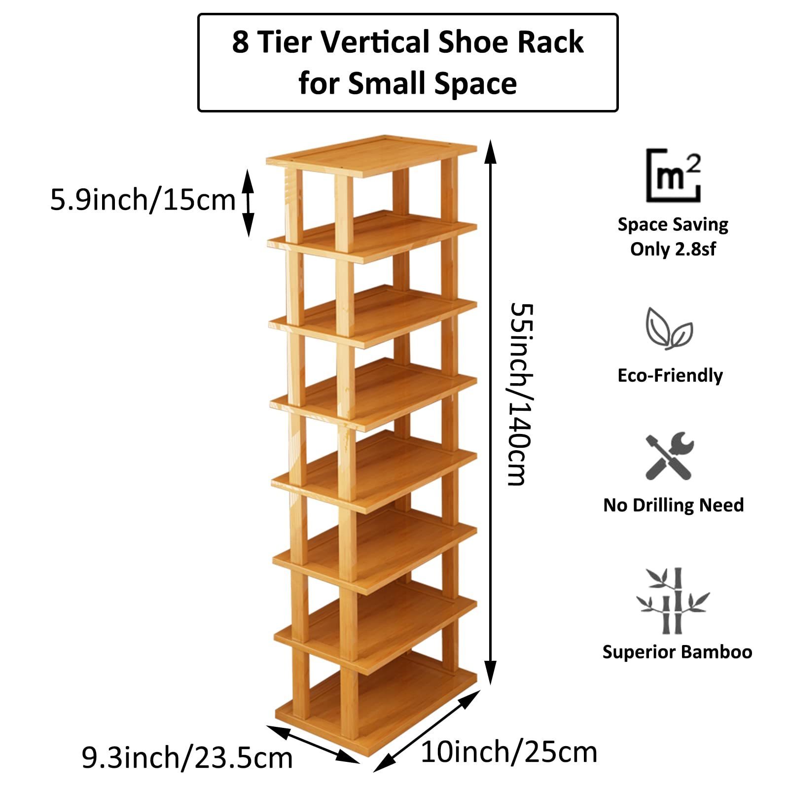 Combohome  8 Tier Vertical Shoe Rack Bamboo Narrow Shoes Organizer Tall Tower Space Saving Corner Shoe Shelf for Entryway