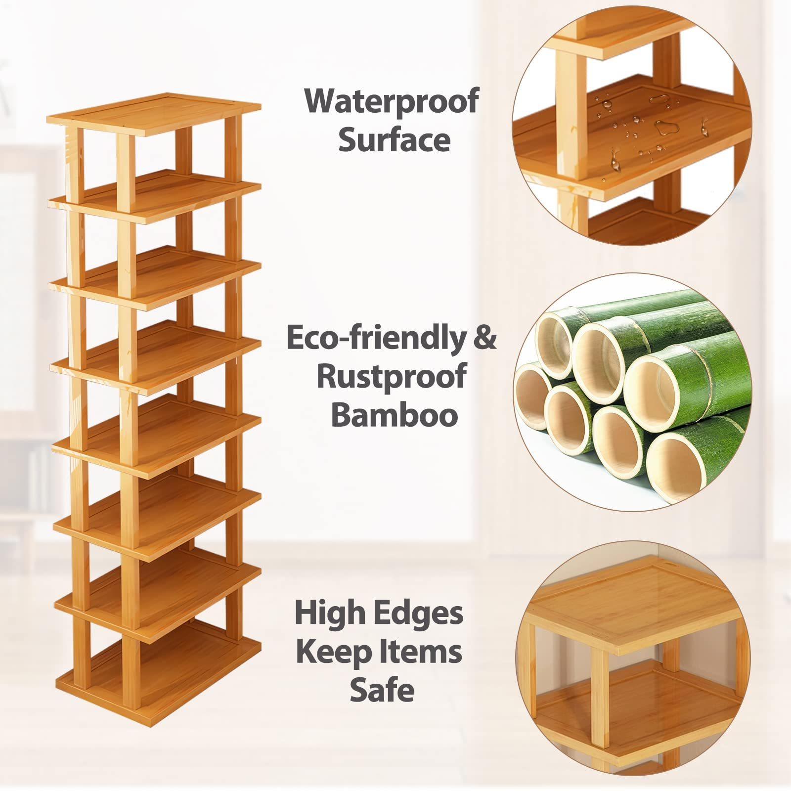 Combohome  8 Tier Vertical Shoe Rack Bamboo Narrow Shoes Organizer Tall Tower Space Saving Corner Shoe Shelf for Entryway