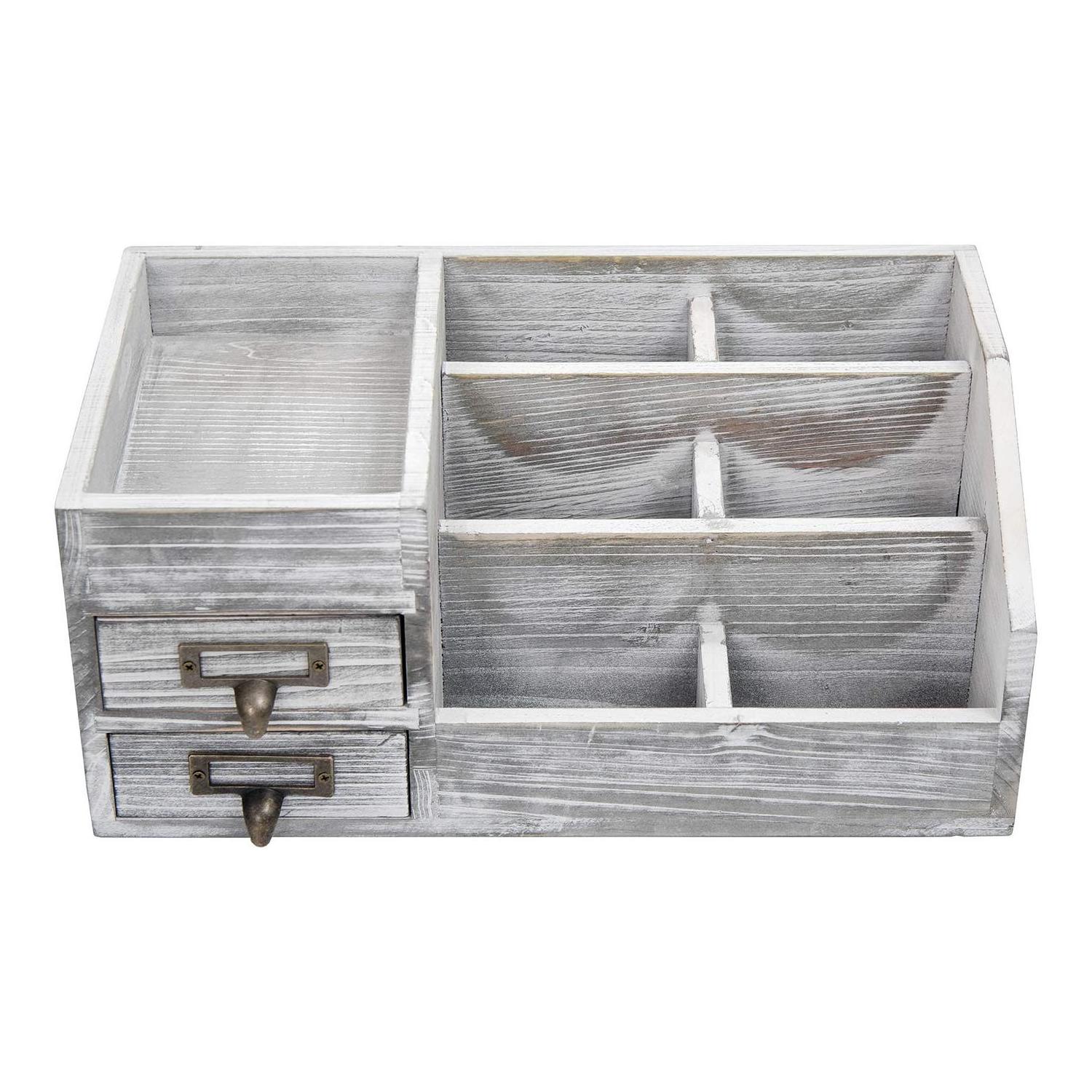 Gray Rustic Wood Office Desktop Organizer Wood Shelf  Storage with Multiple Compartments 2 Tier Drawers Jewelry  Display Box