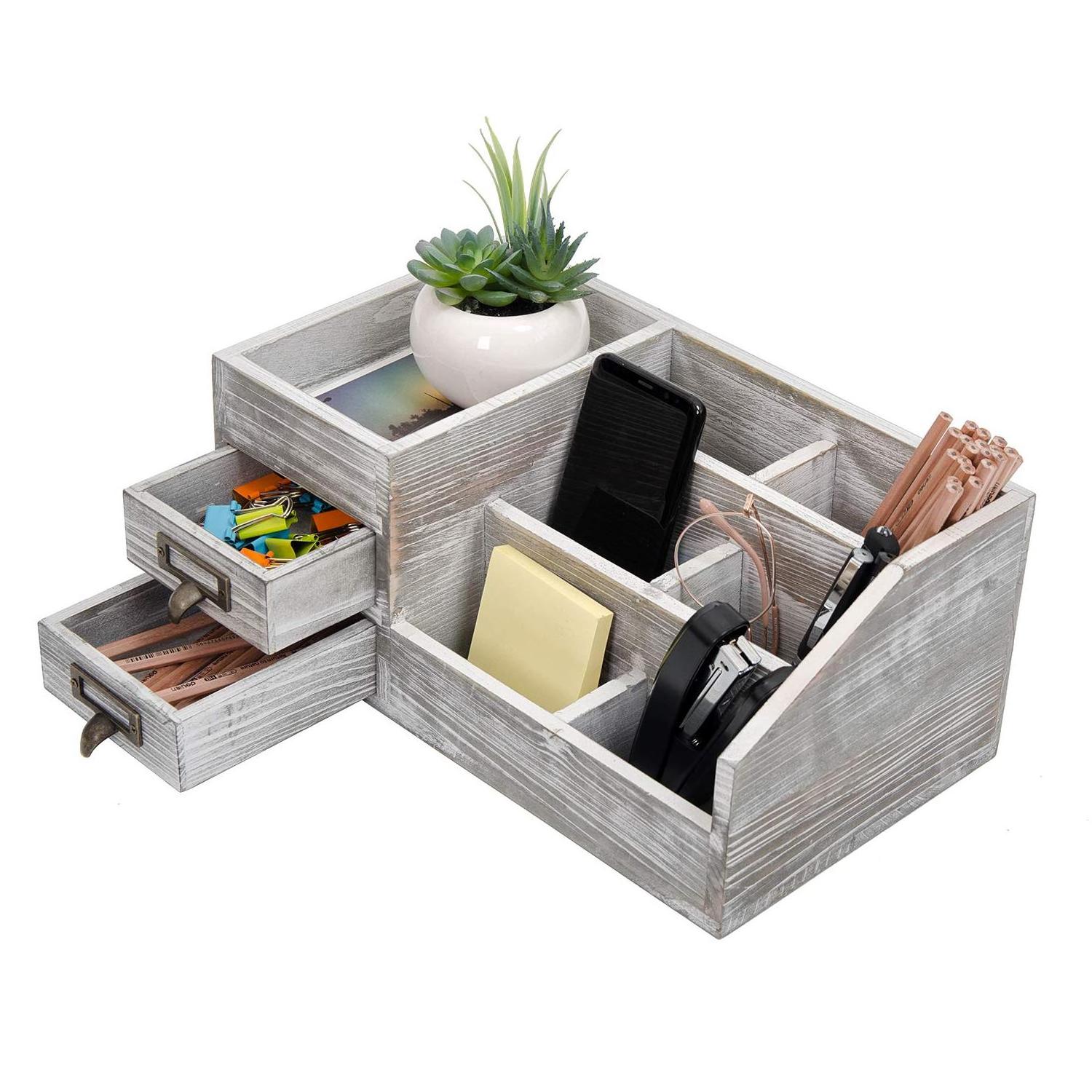 Gray Rustic Wood Office Desktop Organizer Wood Shelf  Storage with Multiple Compartments 2 Tier Drawers Jewelry  Display Box