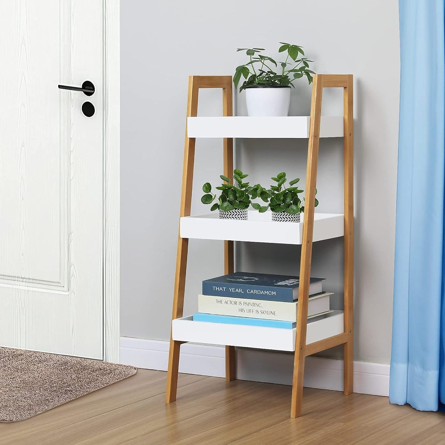 Combohome 3 Tier Bamboo Ladder Shelf Open Wood Shelving Unit for Entrance Room Bamboo Bookshelf Ladder