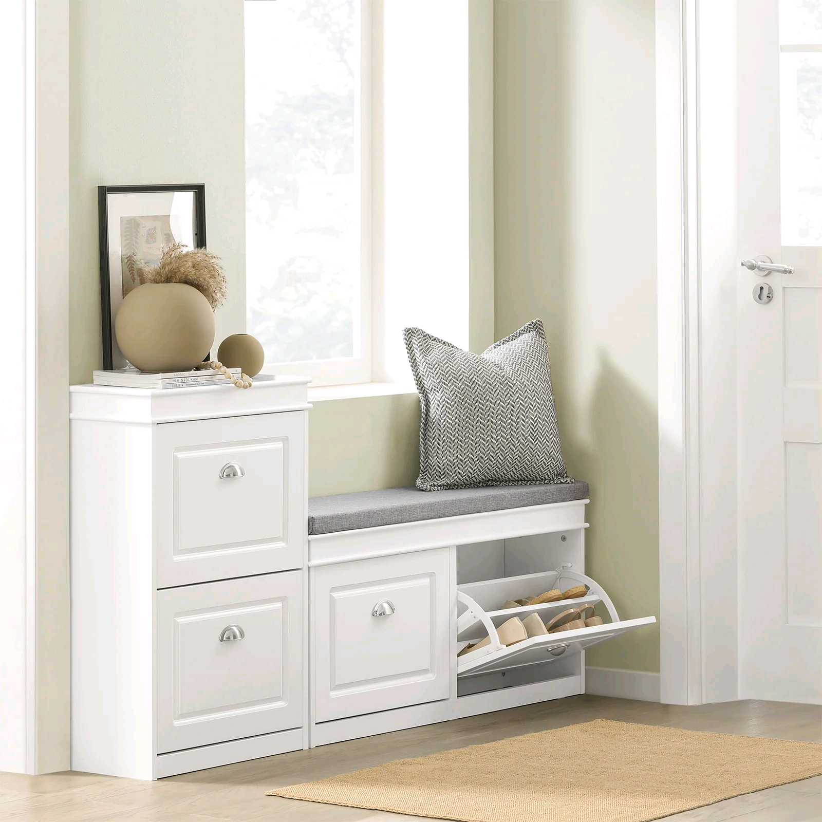 Combohome Modern Entryway Wooden White Shoe Storage Bench With Hidden Shoe Rack