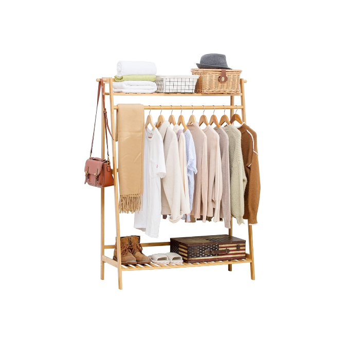 Combohome Bamboo Garment Coat Clothes Hanging Heavy Duty Rack with top Shelf and Shoe Clothing Storage Organizer Shelves