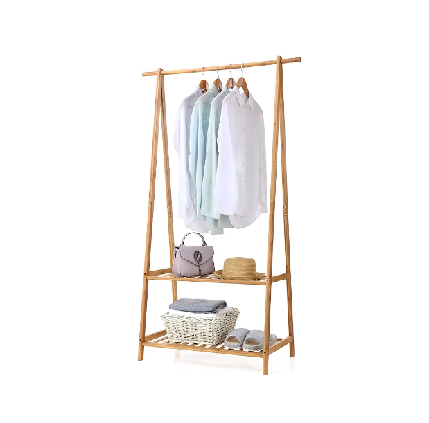 Combohome Bamboo Clothes Rack Portable Extra Large Garment Rack 2-Tire Storage Box Shelves For Entryway