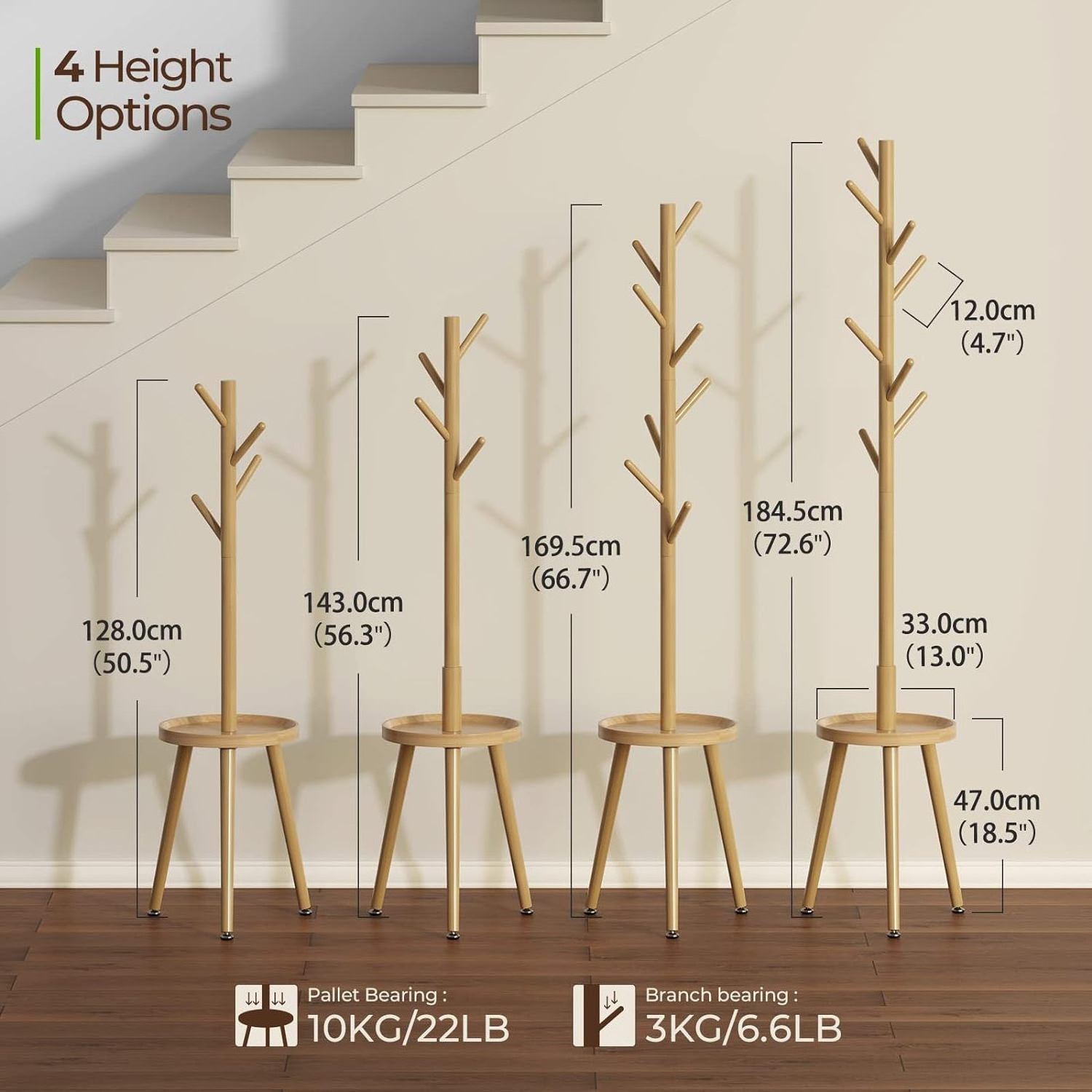 Combohome Sturdy Wooden Standing Entryway Hall Tree Coat Racks with 4 Height Options