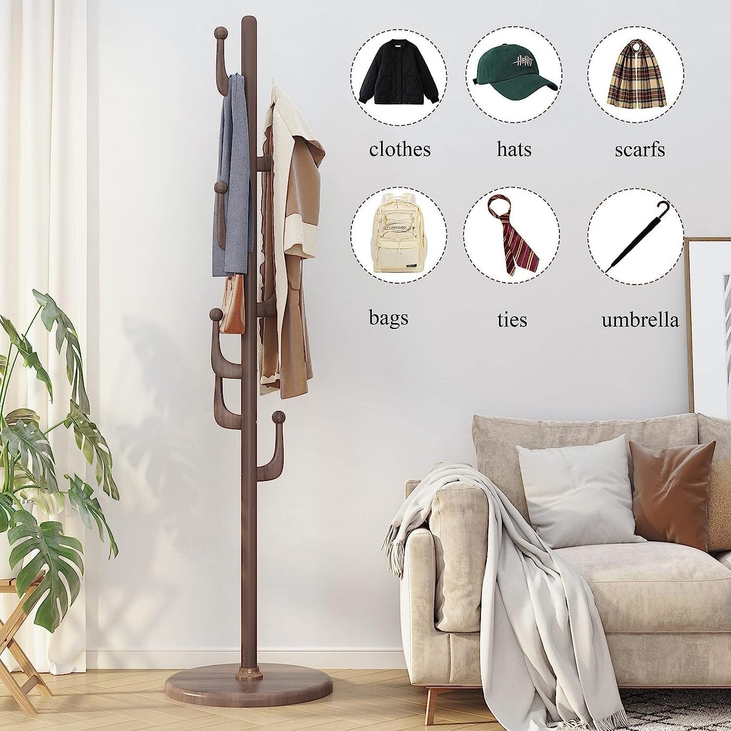 Combohome Coat Rack Freestanding, Coat Tree stand with 7 Hooks for Hallway Bedroom Office Natural Wood Standing Coat Rack