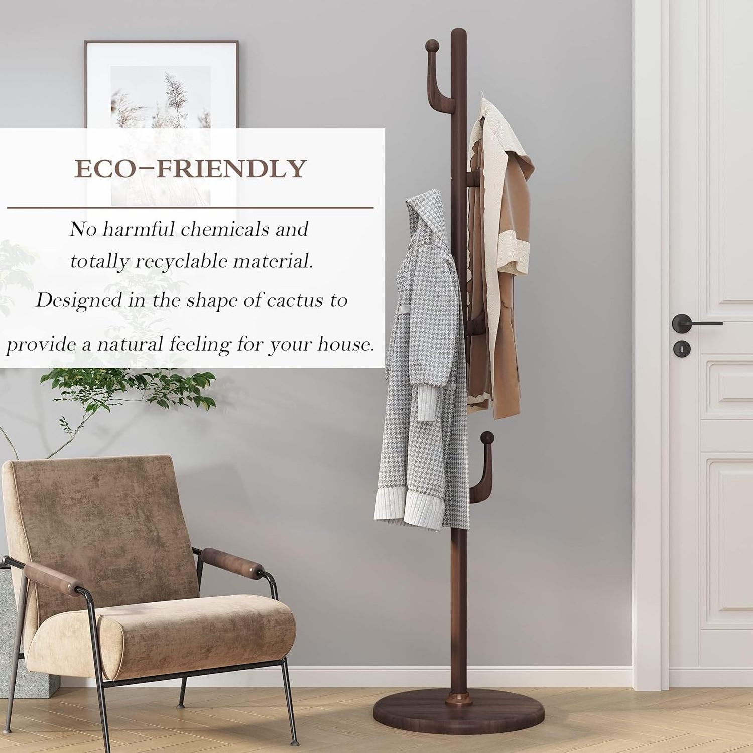 Combohome Coat Rack Freestanding, Coat Tree stand with 7 Hooks for Hallway Bedroom Office Natural Wood Standing Coat Rack