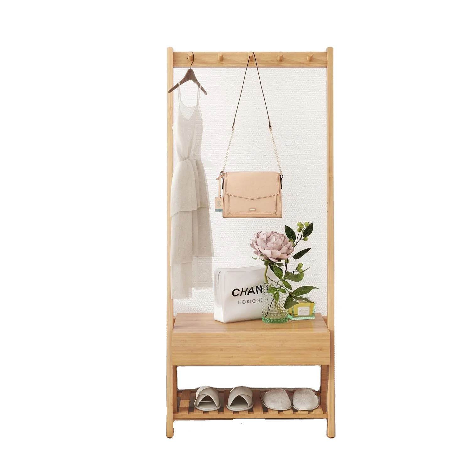 Combohome Wonder Comfort Bamboo Coat Rack Stand Freestanding with Drawer/Shoe Storage/Bench for Bedroom Office Entryway, Nature