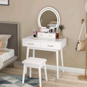 Combohome Luxury Bedroom Furniture Dressing Table Mirror Modern Wood Panel Vanity Table with Led Light Makeup Mirror Storage