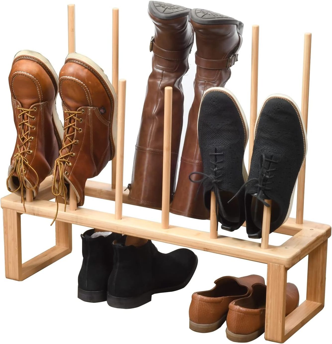 Combohome Bamboo Shoe Organizer Wooden Boots Storage Rack 6-Pair Tall Boots Holder