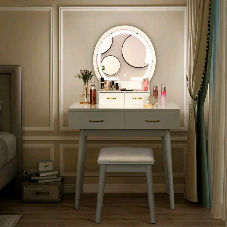 Combohome Luxury Bedroom Furniture Dressing Table Mirror Modern Wood Panel Vanity Table with Led Light Makeup Mirror Storage