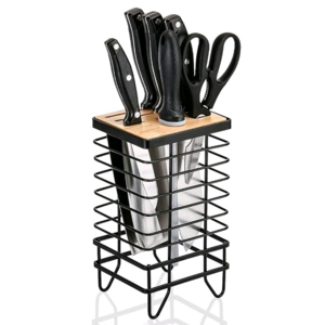 Combohome Hollow Out Stainless Steel Knife Block Holder Wood Metal Universal Kitchen Knife Rack Dry Storage Stand