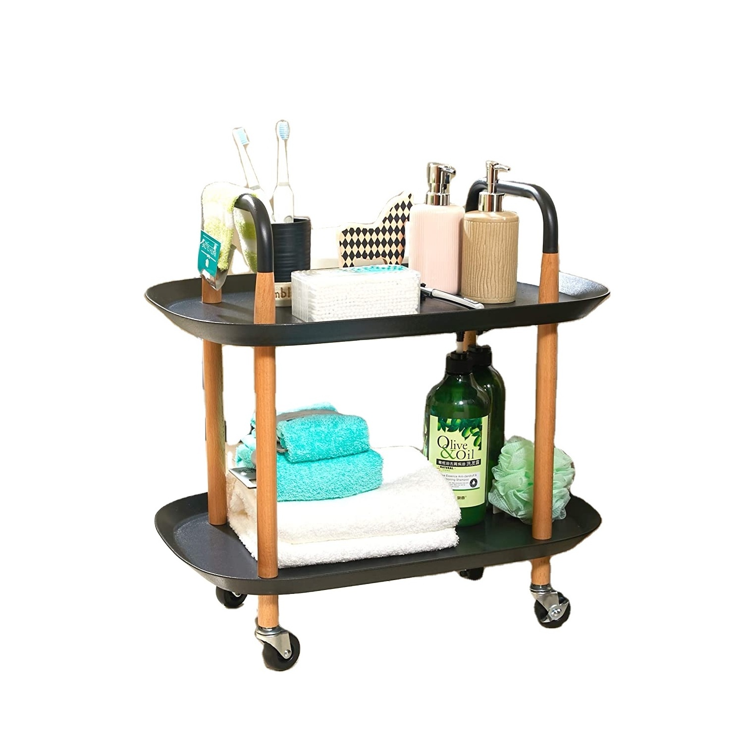 Combohome Movable Kitchen Island Trolley Black Storage 2 Tier Metal Utility Rolling Cart Wood With 4 Wheels