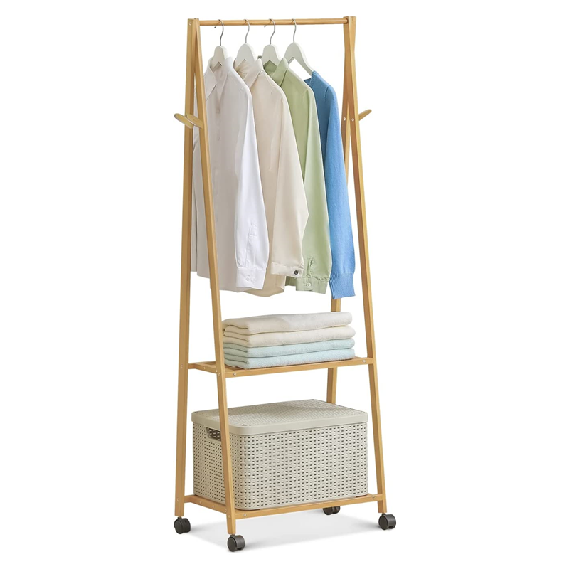 Combohome Factory Supply Natural Bamboo Kids Clothing Rack with Storage Shelf & Double Hanging Rods for Small Space